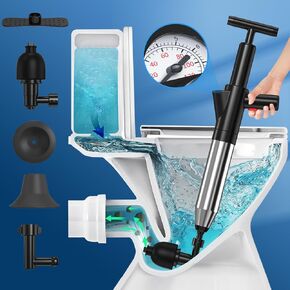 Toilet Plunger, Upgraded High Pressure Toilet Plunger Air Plungers Sink Plunger with Visual Barometer, Stainless Steel Air Drain Blaster, Powerful Drain Clog Remover for Bathroom,Kitchen,Clogged Pipe