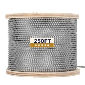 3/16" Stainless Steel Cable, 250ft Wire Rope, 7X19 Strands Aircraft Cable, 3700lbs Breaking Strength, Heavy Duty Applications Zip Line, Cable Railing System, Deck Railing, String Lights & Yard Zipline