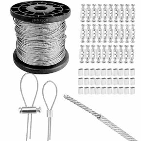 1/8" Coated Wire Rope Vinyl Coated Steel Cable Kit 164FT, 304 Stainless Steel Wire Cable, Garden Wire Cable, 7x7 Strand Core, with 60 Pcs Crimping Clamps Loop Sleeve