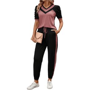 SweatyRocks Women's 2 Piece Outfits Colorblock Puff Sleeve Tee Tops and Jogger Pants Set