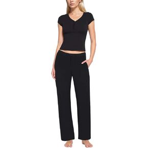 Womens 2 Piece Outfits Sets V Neck Short Sleeve Tops Straight Leg Pants Comfy Tracksuits Loungewear With Pockets