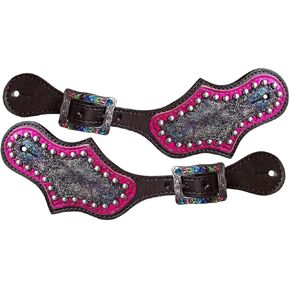 Showman Ladies Pink & Rainbow Metallic Leather Spur Straps