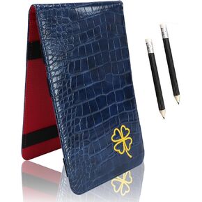 FINGER TEN Golf Scorecard Holder Leather Yardage Books Cover Lucky Clover with 2 Free Pencil Value Pack Deluxe Pocket Score Card Covers Gift for Men Women Golfer (Blue)