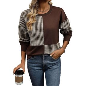 2024 Women Round Neck Knit Long Sleeve Sweater Check Block Dropshoulder Sweatshirts Causal Pullovers Trendy Top