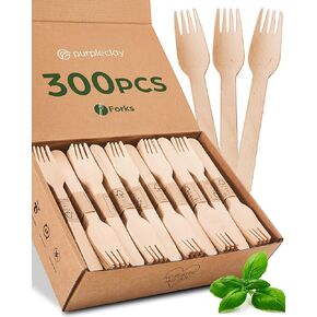 Wooden Disposable Forks - 300 Piece Wood Compostable Forks - Eco-Friendly Biodegradable Utensils for Party - Free From Plastic Cutlery Set - Disposable Cutlery Fork for Eating - Compostable Utensils