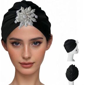 Swim Caps Women Turban Adult Retro Pearl SwimCap for Long and Short Hair Protection,Contouring of The Face, for Swimming Pool/Beach/spa Resorts/Watervollyball/Spa/Water Park