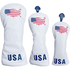 USA Golf Club Covers Set,Driver Headcover Hybrid Headcover and Fairway Wood Head Covers, Premium PU Leather White Golf Head Covers for Woods and Driver,Golf Gifts for Men Golfers