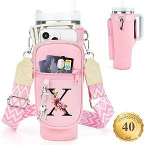 LOKASS Water Bottle Holder with Strap for Stanley Cup 40 oz Tumbler with Handle, Personalized Initial Valentine's Day Gifts, Water Bottle Carrier Bag with Phone Pocket for Stanley Cup Accessories