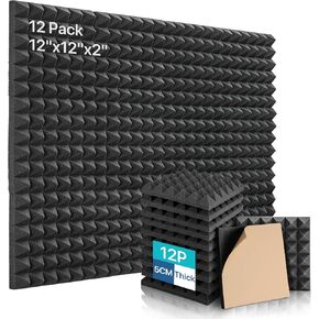 Sound Proof Foam Panels For Walls, Kuchoow Soundproof Wall Panels, 12 Pack Acoustic Foam Self-Adhesive, Acoustic Panels High Density, 12 X 12 X 2 inches Pyramid Shaped Black