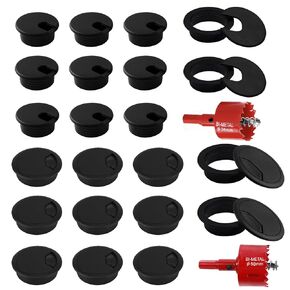 20 Desk Grommet 2 Inch (50 mm) 1.5 Inch(38 mm) + 2 Pcs Hole Saws for Wood Hole Saw, Desk Cord Hole Cover with Metal Hole Saw, Black Computer Table Desk Hole Cover for Cables, Desk Cable Grommets