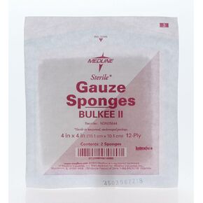 Medline Sterile Bulkee II Extra Absorbent Super Fluff Sponges, 4" x 4", Ideal for Wound Care, Box of 25 Packs, Packs of 2
