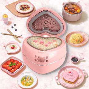 Pink Rice Cooker - Pink Heart Shaped Rice Cooker Smart Pink Crock Pink Pot 300W Cute Rice Cooker 6 Cup 2QT, Portable 6 In 1 Rice Cooker with Delay Preset Timer and Auto Thermostat Keep Warm