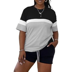 LovelyWholesale Womens 2 Piece Outfits Summer Tracksuits Plus Size Two Piece Outfit Color Block Tops and Short Sets