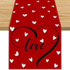 Linen Red Love Heart Valentine's Day Table Runner 13x72 Inch Seasonal Anniversary Decorations and Supplies for Home Kitchen Dining Room Table