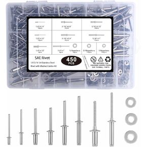 450pcs Pop Rivets with Washers Assortment Kit,1/8" 3/16" 1/4" Assorted 304 Stainless Steel Blind Rivets 8 SAE Sizes for DIY/Automotive Repairs/Furniture
