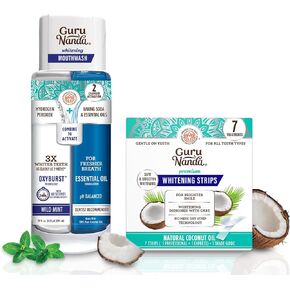GuruNanda Whitening Wonder Duo, Dual Barrel Oxyburst Whitening Mouthwash 20 Oz & Teeth Whitening Strips with No Slip, Dry Strip Tech, 7 Day Treatments