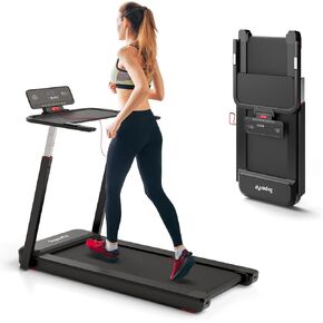 Goplus 3HP Foldable Treadmill with Desk, Superfit Folding Treadmills for Home Office, Adjustable Height, Bluetooth Speaker, APP Control, LED Display, 25 Preset Programs, Portable Walking Machine