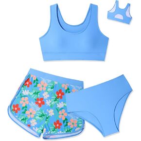 Girls Swimsuit 3 Piece Bikini Set with Shorts Tropical Floral Print Bathing Suit Girls' Swimwear 7-16T