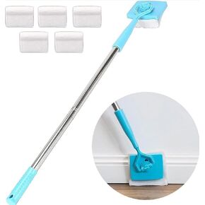 Baseboard Cleaner Tool with Handle 5 Reusable Cleaning Pads by No-Bending Mop Baseboard Cleaner Tool Long Handle Baseboard Cleaner Baseboard Mop Tool for Cleaning skirting Boards and moldings