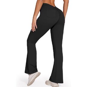 RIOJOY Womens Flare Leggings V Back Scrunch Butt Wide Leg Workout Pants with Pockets Bootcut Bell Bottoms Yoga Pants
