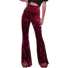 SEMATOMALA Women's Velvet Elastic Waist Flare Leg Palazzo Long Pants Ribbed Stretchy Slim Bodycon Bell Bottom Trousers