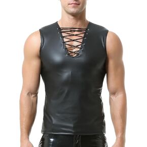 QiaTi Men's Faux Leather Undershirt Wetlook Tank Top Shirt Chest Lace Up Sleeveless Vest Sport Muscle