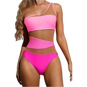 Verdusa Women's Sexy One Shoulder Bathing Suit Contrast Mesh One Piece Swimsuit Cut Out