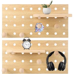 2 PCS Wooden Pegboards, Wood Pegboard Combination Kit, Wall Display Wooden Pegboard with Floating Shelves & Wooden Sticks, Wall Mounted Storage Shelf Organizer for Entrance Living Room Office