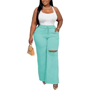 2 Piece Sets for Women Lounge Sweatsuit Crop Tops Drawstring Ripped Wide Leg Pants with Pockets 2024 Tracksuit
