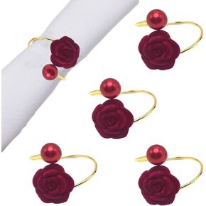 Red Rose Pearl Napkin Rings Valentine Red Velvet Rose Napkin Ring Table Decoration, Rose Flower Pearl Napkin Holder for Valentine's Day, Wedding, Holiday Party Supplies 4 Pcs