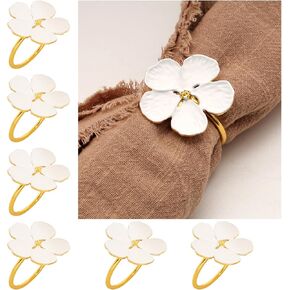 6Pcs White Flower Napkin Rings Gold Cloth Napkin Holder Rings Dinner Table Setting Decoration for Birthday Wedding Christmas Party
