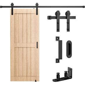 Signstek 6.6FT Sliding Barn Door Hardware Kit Heavy Duty with Door Hook, Adjustable Floor Guide and 2 Handles -Easy to Install, Smoothly and Quietly, Fit 1 3/8-1 3/4" Thickness -Black, I Shape Hanger