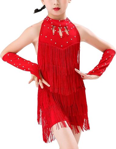 Happy Cherry Girls Latin Dance Outfits Rhinestones Tassel Halter Fringe Kids Ballroom Cha Cha Dance Dress in Saudi Arabia