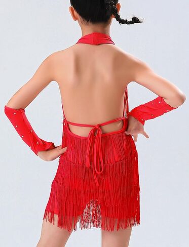 Happy Cherry Girls Latin Dance Outfits Rhinestones Tassel Halter Fringe Kids Ballroom Cha Cha Dance Dress in Saudi Arabia