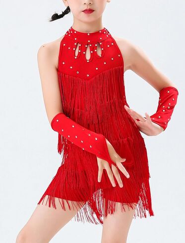 Happy Cherry Girls Latin Dance Outfits Rhinestones Tassel Halter Fringe Kids Ballroom Cha Cha Dance Dress in Saudi Arabia