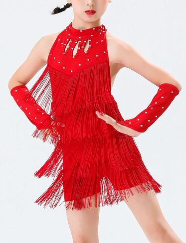 Happy Cherry Girls Latin Dance Outfits Rhinestones Tassel Halter Fringe Kids Ballroom Cha Cha Dance Dress in Saudi Arabia