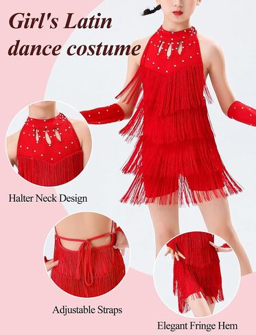 Happy Cherry Girls Latin Dance Outfits Rhinestones Tassel Halter Fringe Kids Ballroom Cha Cha Dance Dress in Saudi Arabia