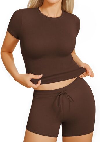 MANGOPOP Womens Two Piece Lounge Set Short Sleeve Crew Neck Tops Drawstring Lounge Shorts Casual Workout Outfits in Saudi Arabia
