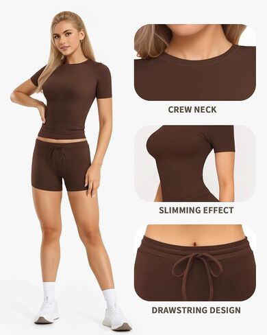 MANGOPOP Womens Two Piece Lounge Set Short Sleeve Crew Neck Tops Drawstring Lounge Shorts Casual Workout Outfits in Saudi Arabia