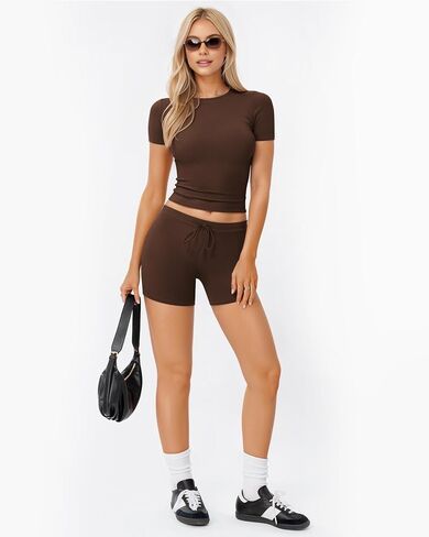 MANGOPOP Womens Two Piece Lounge Set Short Sleeve Crew Neck Tops Drawstring Lounge Shorts Casual Workout Outfits in Saudi Arabia