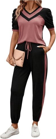 SweatyRocks Women's 2 Piece Outfits Colorblock Puff Sleeve Tee Tops and Jogger Pants Set in Saudi Arabia