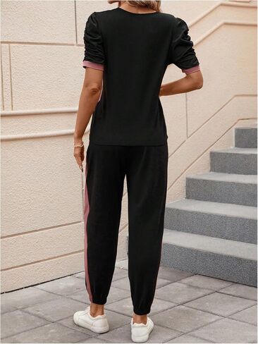 SweatyRocks Women's 2 Piece Outfits Colorblock Puff Sleeve Tee Tops and Jogger Pants Set in Saudi Arabia