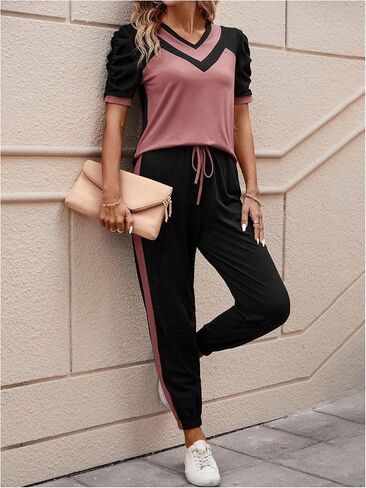 SweatyRocks Women's 2 Piece Outfits Colorblock Puff Sleeve Tee Tops and Jogger Pants Set in Saudi Arabia