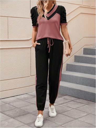 SweatyRocks Women's 2 Piece Outfits Colorblock Puff Sleeve Tee Tops and Jogger Pants Set in Saudi Arabia