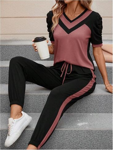SweatyRocks Women's 2 Piece Outfits Colorblock Puff Sleeve Tee Tops and Jogger Pants Set in Saudi Arabia