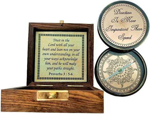 Brass Copper Vintage Navigational Compass with Wooden Box Antique Gift for Survival and Direction by Decor Hunt in Saudi Arabia