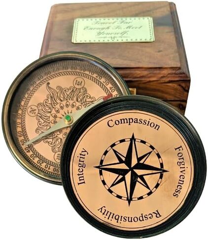 Brass Copper Vintage Navigational Compass with Wooden Box Antique Gift for Survival and Direction by Decor Hunt in Saudi Arabia