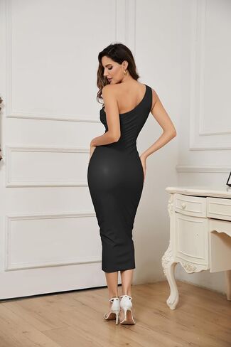 OVRUNS One Shoulder Faux PU Leather Dress Bodycon Sleeveless Ruched Cocktail Clubwear Midi Dresses for Women Brown Large in Saudi Arabia