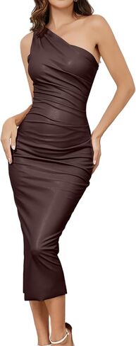 OVRUNS One Shoulder Faux PU Leather Dress Bodycon Sleeveless Ruched Cocktail Clubwear Midi Dresses for Women Brown Large in Kuwait