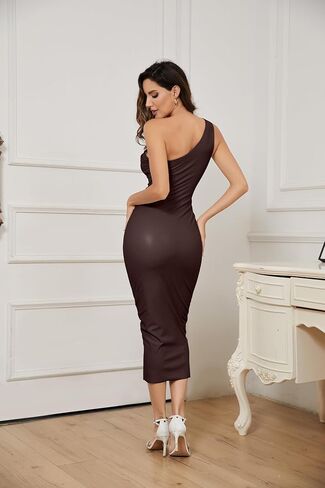 OVRUNS One Shoulder Faux PU Leather Dress Bodycon Sleeveless Ruched Cocktail Clubwear Midi Dresses for Women Brown Large in Kuwait